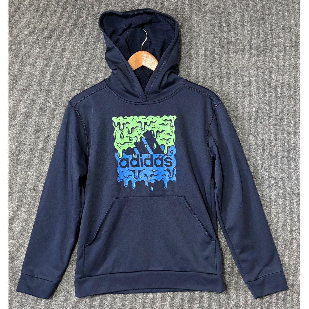Kids Adidas Navy Blue Dri-FIT Hoodie Boys Girls L 14-16 Graphic Print - Picture 1 of 5